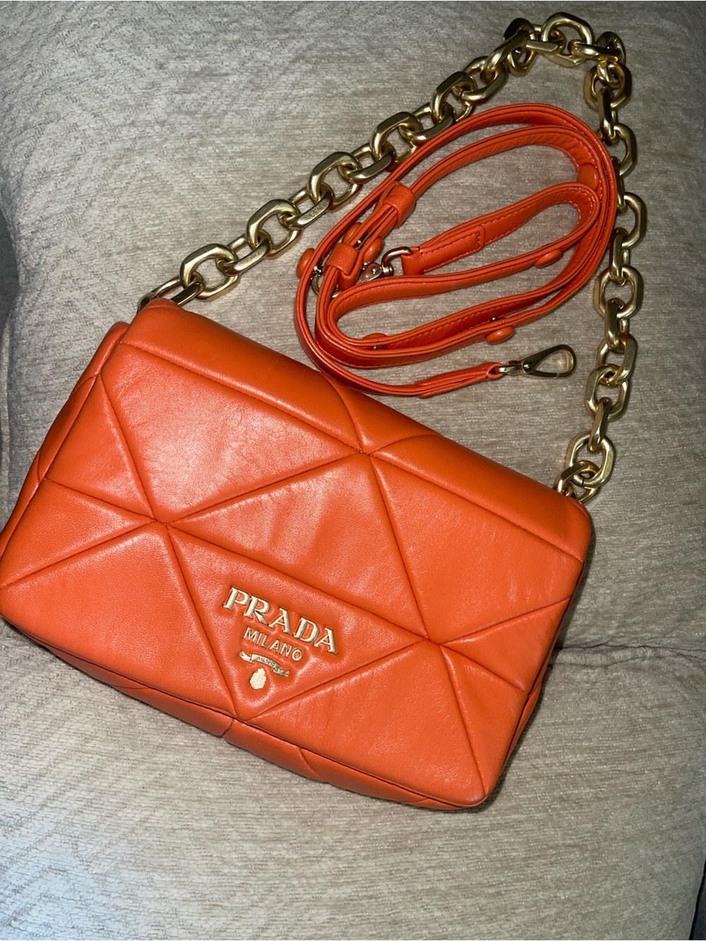 Prada Orange Patchwork Chain Leather Shoulder Bag
